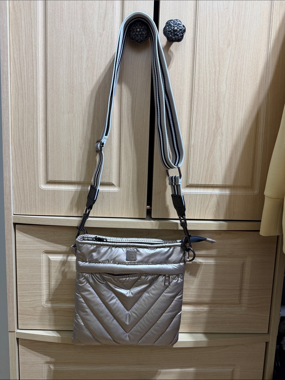 THINK ROYLN Metallic Taupe Quilted Crossbody with Striped Strap